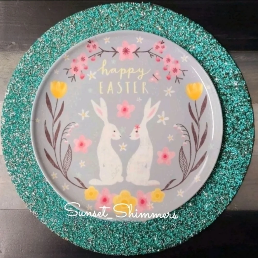 x6 Happy Easter Cherry Blossom Bunny Rabbit Couple Melamine Dinner Plate Set New